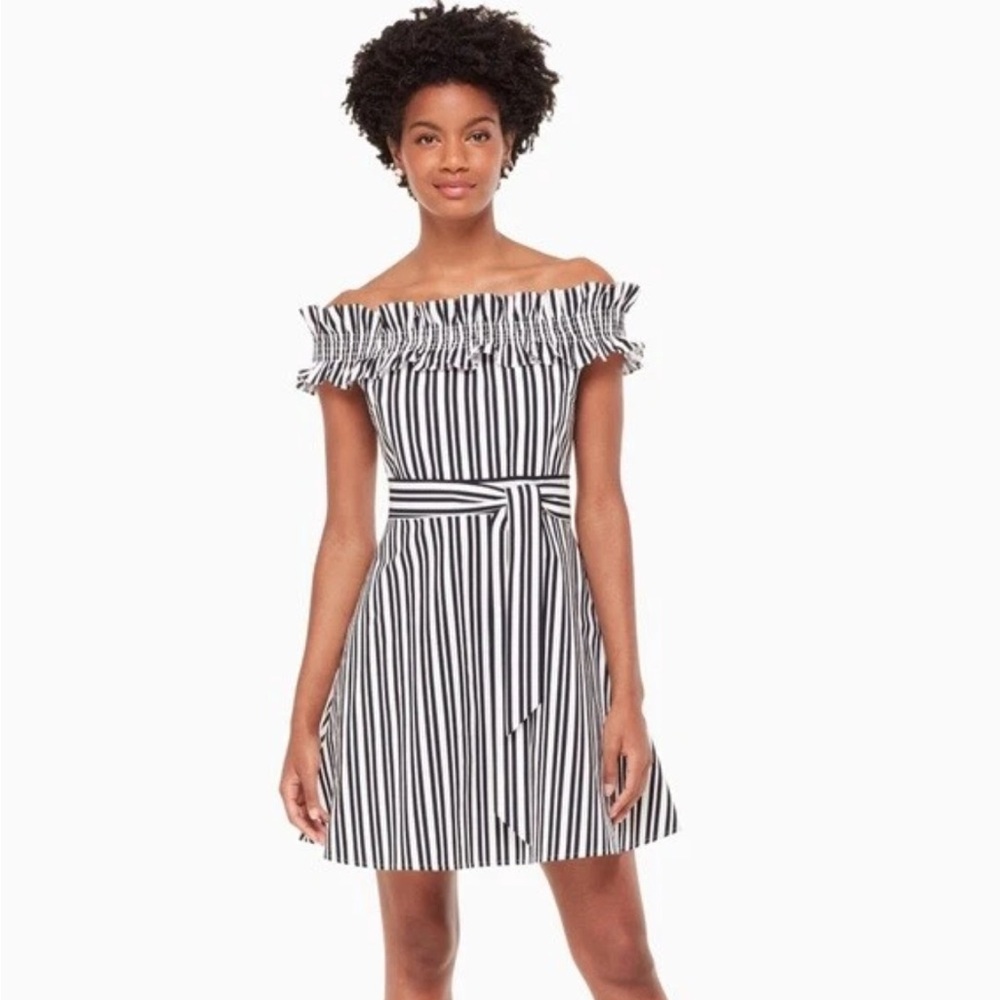 Kate Spade Candy Stripe Off The Shoulder Ruffle Fit and Flare Mini Dress Size 0